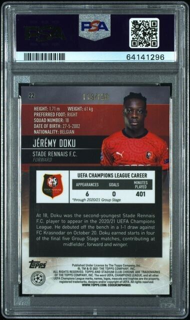 2020 Topps Stadium Club Chrome Jeremy Doku AQUA GREEN ELECTRIC REFRACTOR /150 RC