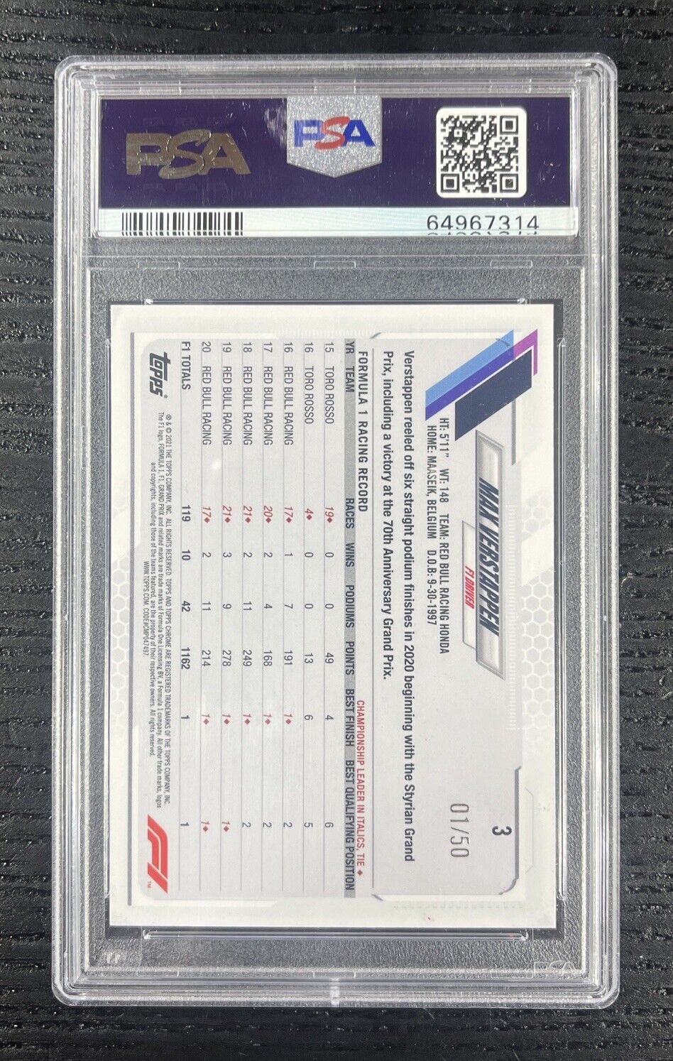 2021 Topps Chrome F1 Max Verstappen GOLD Portrait Wave Refractor 1/50 PSA 10