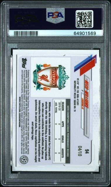 2020 Topps Chrome UEFA Champions League Neco Williams RC Red Refractor /10 PSA 9