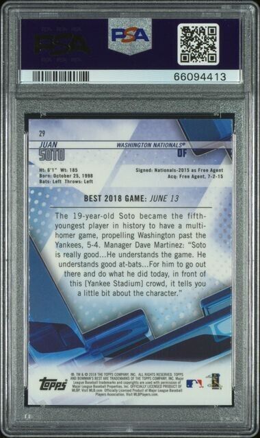 2018 Bowman's Best Juan Soto Rookie Card San card #29 Diego Padres PSA 10