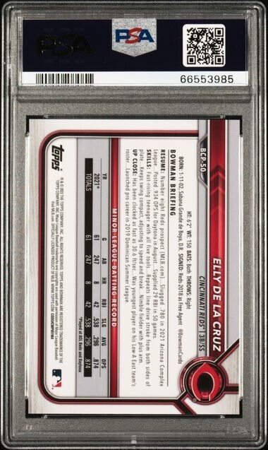 2022 Bowman Chrome Sapphire Elly De La Cruz BCP-50 Aqua /55 Psa 10