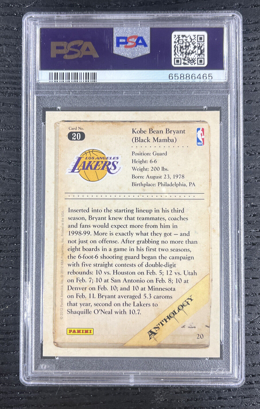 2012 PANINI KOBE BRYANT ANTHOLOGY #20 LAKERS HOF LOW POP PSA 10