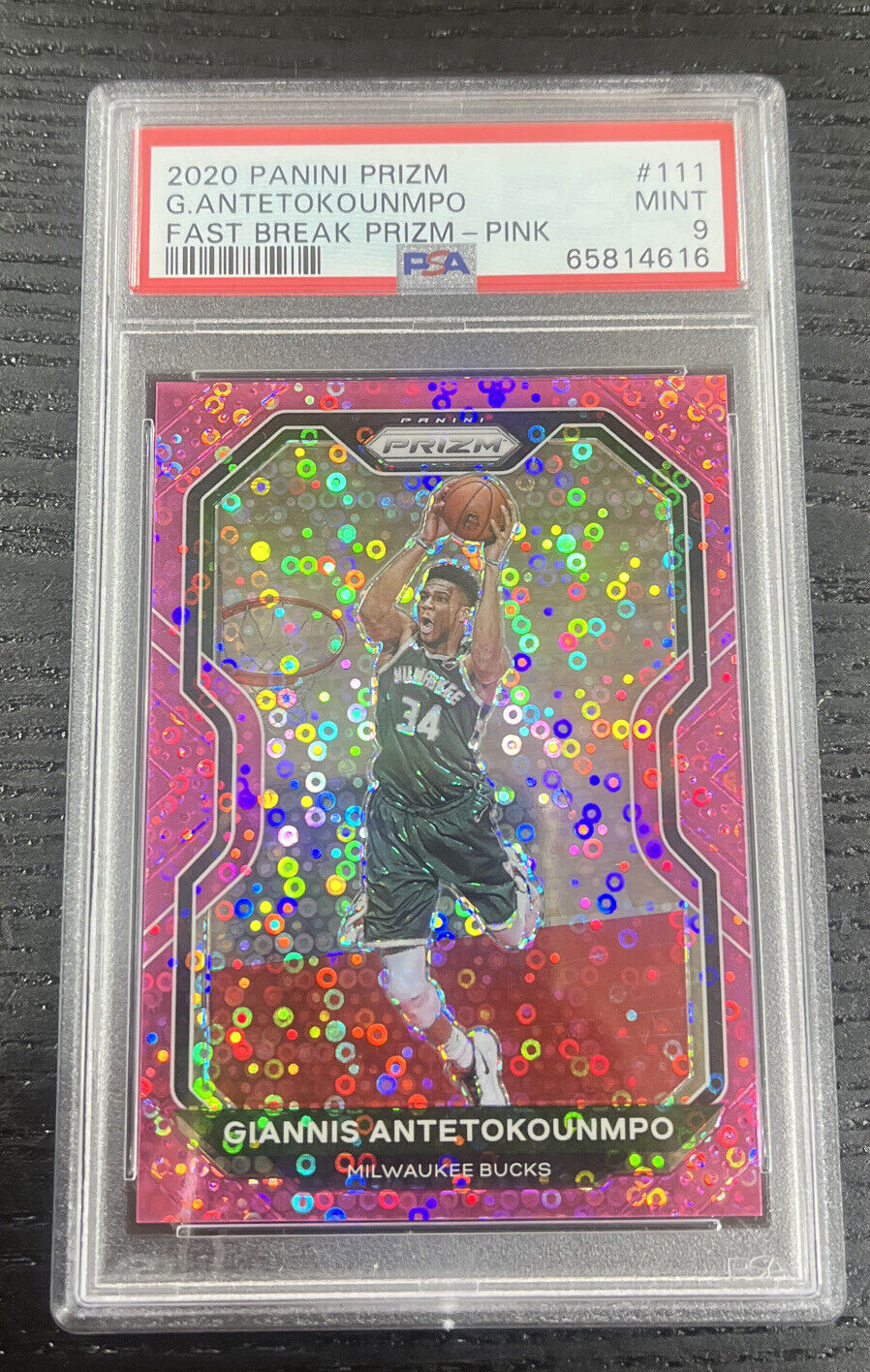 2020-21 Panini Prizm Giannis Antetokounmpo #111 Pink Disco /50 HOF PSA 9