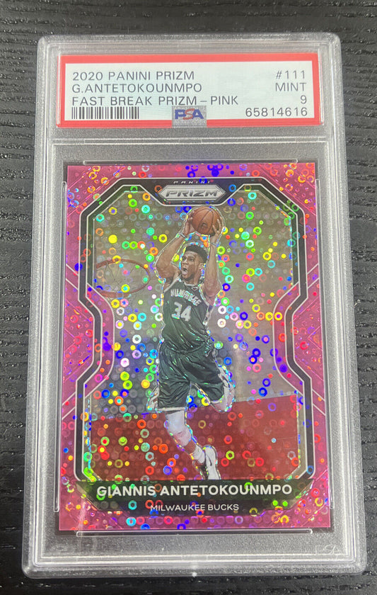 2020-21 Panini Prizm Giannis Antetokounmpo #111 Pink Disco /50 HOF PSA 9