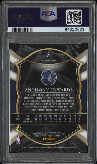 2020-21 Select - Anthony Edwards Rookie Concourse #61 RC Timberwolves PSA 10