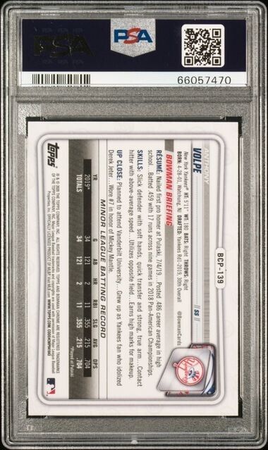 2020 Bowman Chrome Sapphire ANTHONY VOLPE RC PSA 9 - New York Yankees