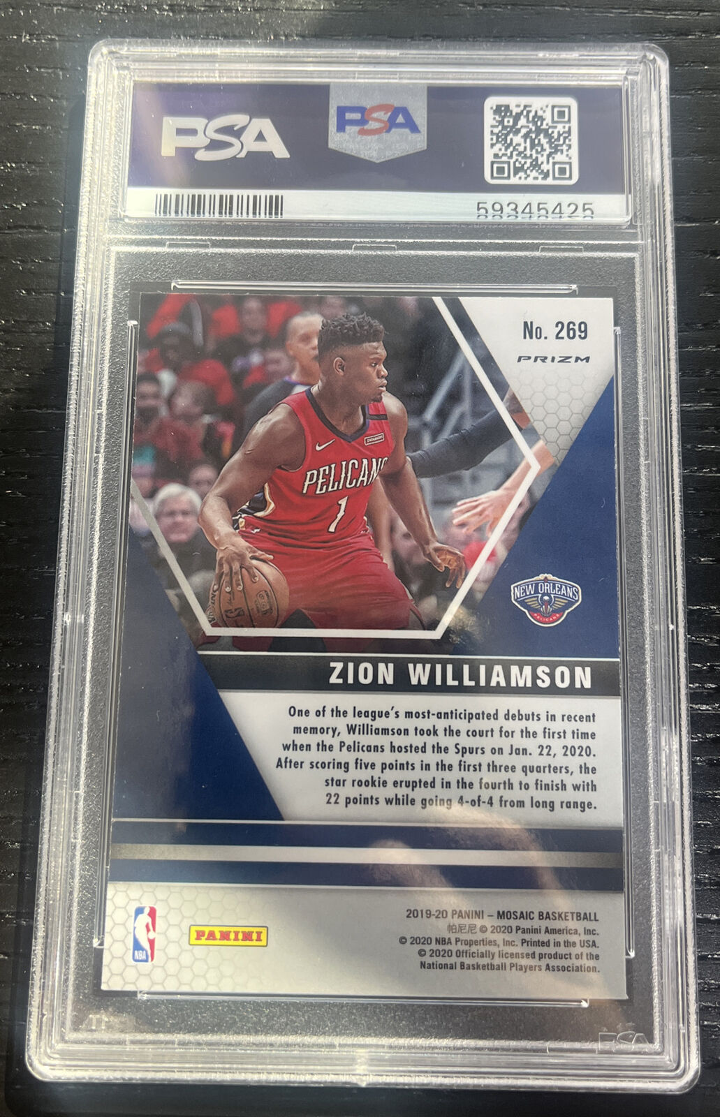 ZION WILLIAMSON ~ 2019 Panini Mosaic Reactive Orange RC #269 PSA 9 MINT