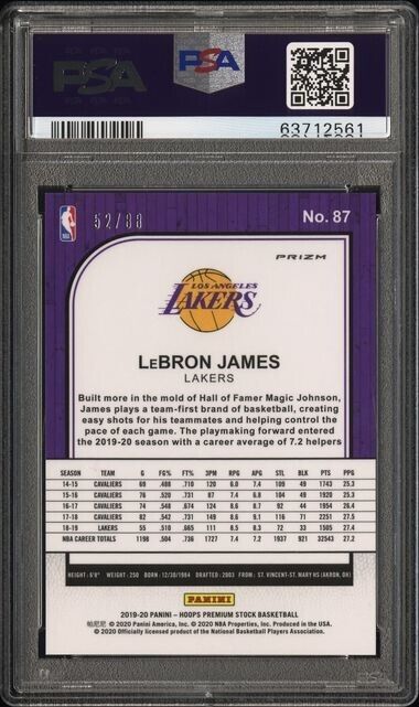 LeBron James 2019-20 Panini NBA Hoops Premium Stock Red Shimmer Prizm /88 PSA 9