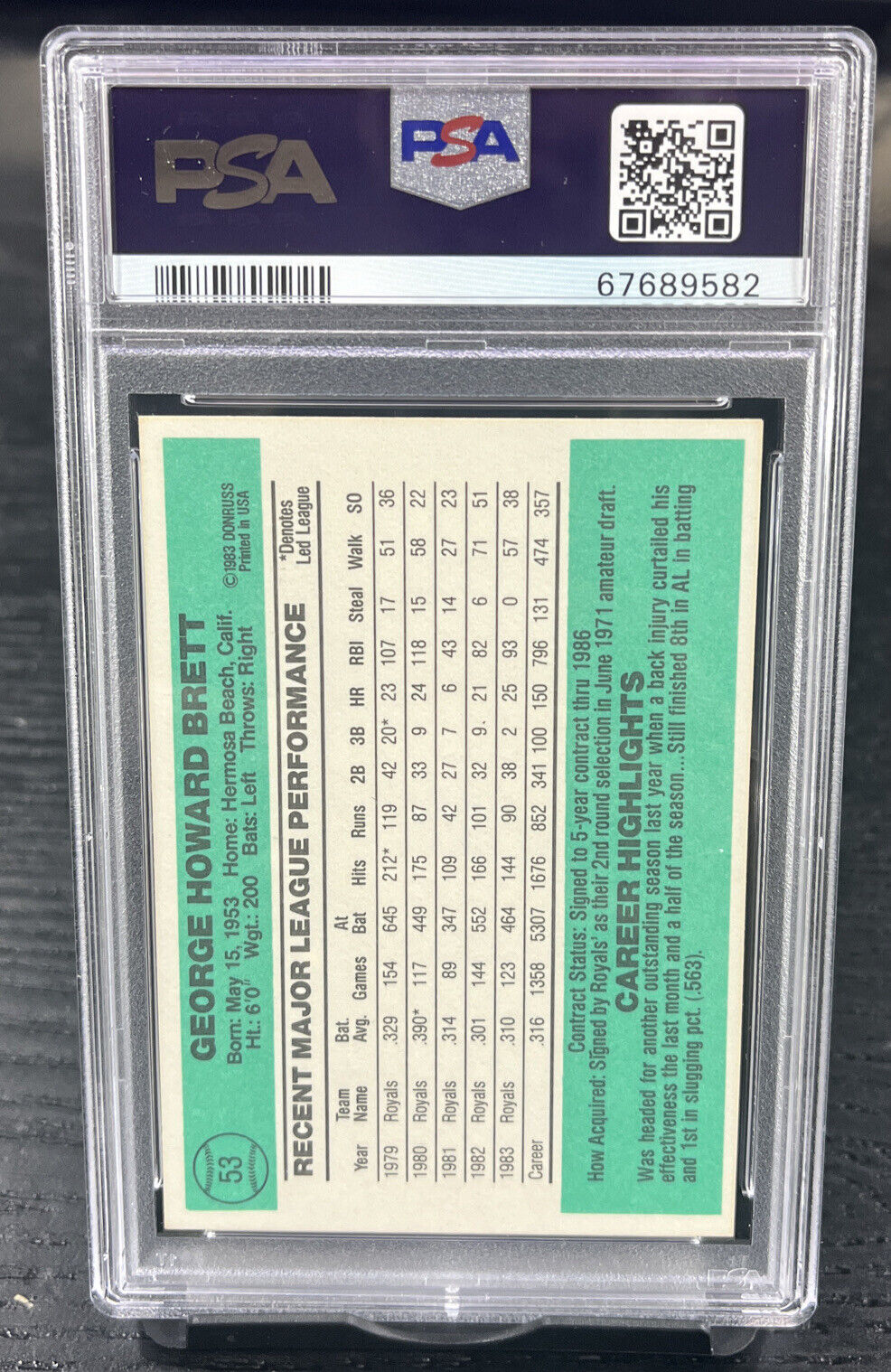 1984 Donruss #53 George Brett PSA 9 Kansas City Royals