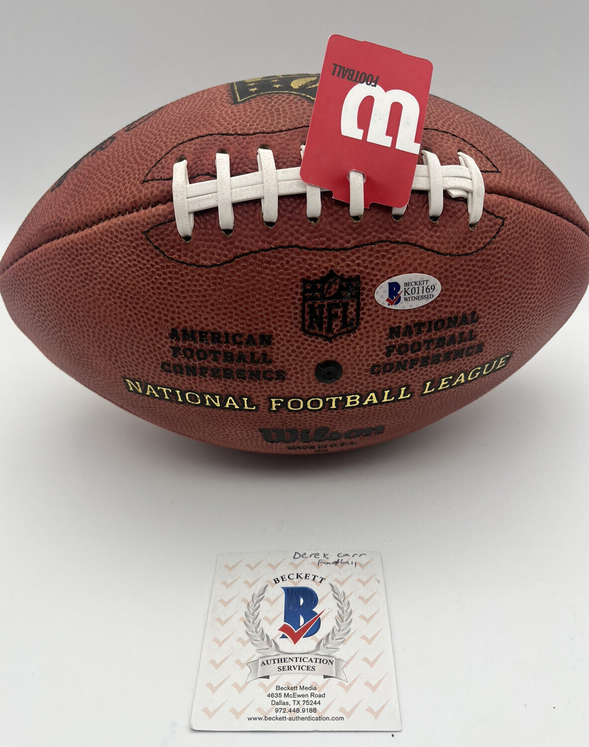 Derek Carr Signed Wilson Duke Football Becket Witnessed Raiders Saints