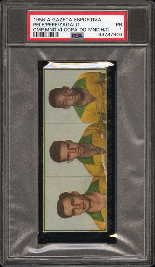 1958 A Gazeta Esportiva Campeao Mundial VI Copa Do Mundo, Hand Cut Pele/Pepe/Zagalo Rookie Card – PSA PR 1 – Pop 1