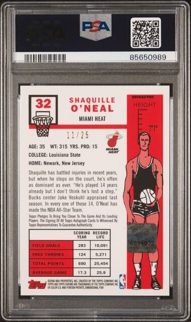 2007 Topps Chrome”57-58 Variation”Shaquille O’Neal Orange 11/25 PSA 9 MINT Auto