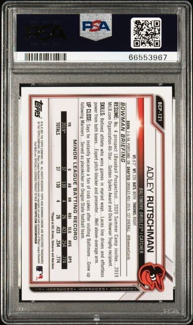 2021 Bowman Adley Rutschman RC Rookie Sapphire Yellow BCP121 /50 PSA 9