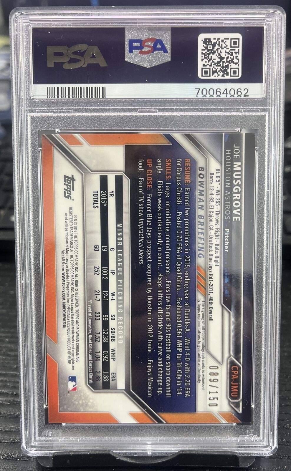 2016 Bowman Chrome Joe Musgrove Auto Blule Refractor /150 PSA 10