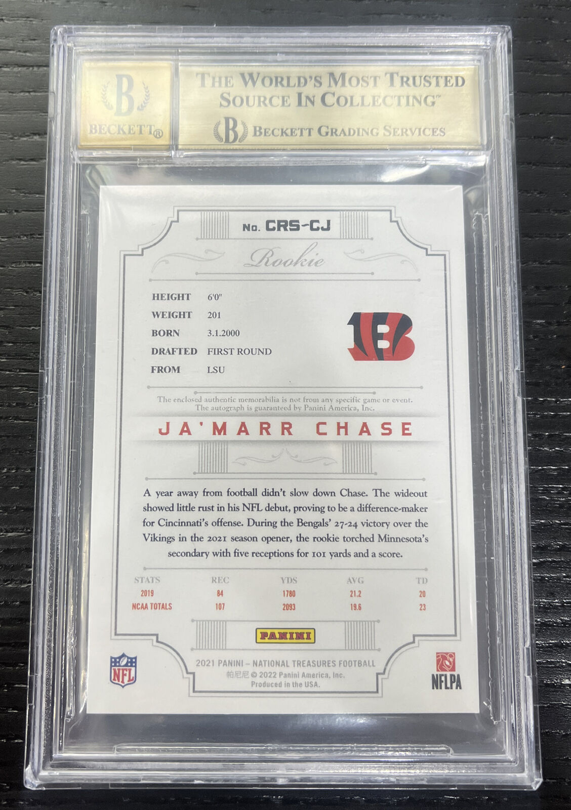 2021 Ja’Marr Chase National Treasures Crossover Rookie Patch Auto /99 RC BGS 9.5