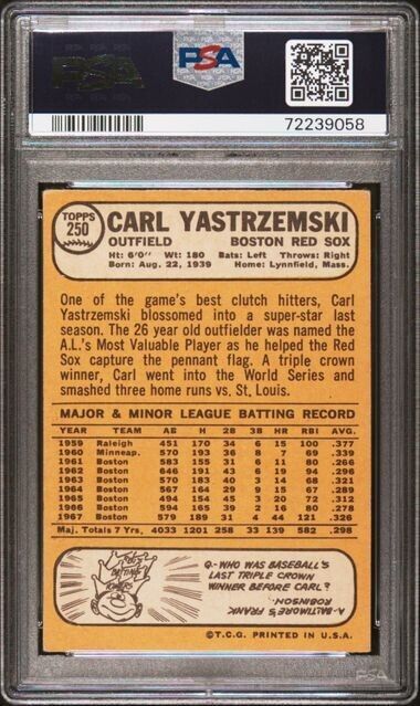 1968 Topps Baseball Carl Yastrzemski #250 PSA 3 vg Boston Red Sox