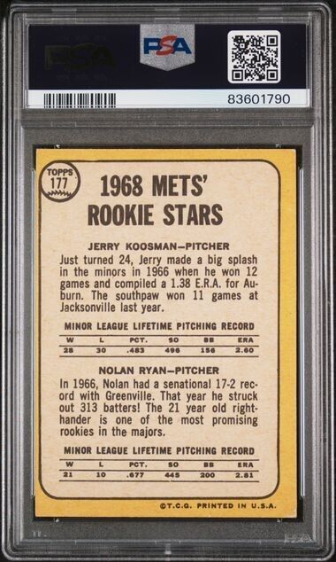 1968 Topps Milton Bradley Baseball Card #177 NY Mets Rookies Nolan Ryan - PSA 4