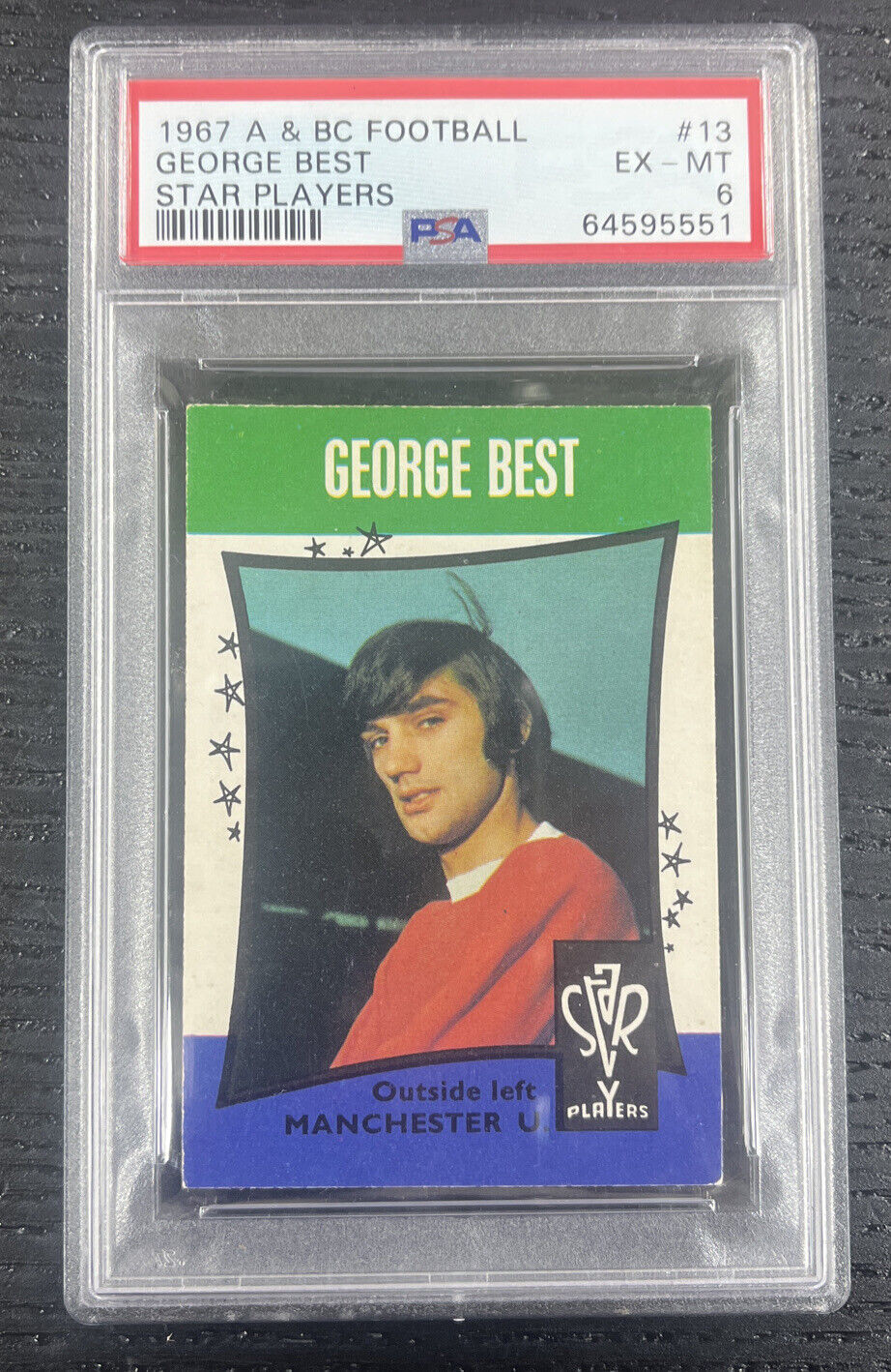 1967 A&BC A & BC Football Star Players 13 George Best soccer card Man U PSA 6