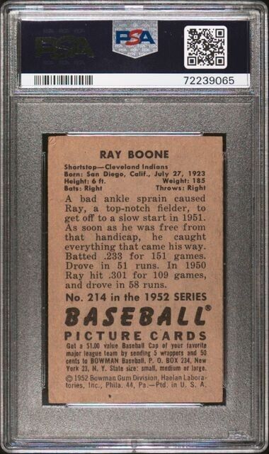 1952 Bowman Baseball #214 Ray Boone PSA 2 Cleveland Indians
