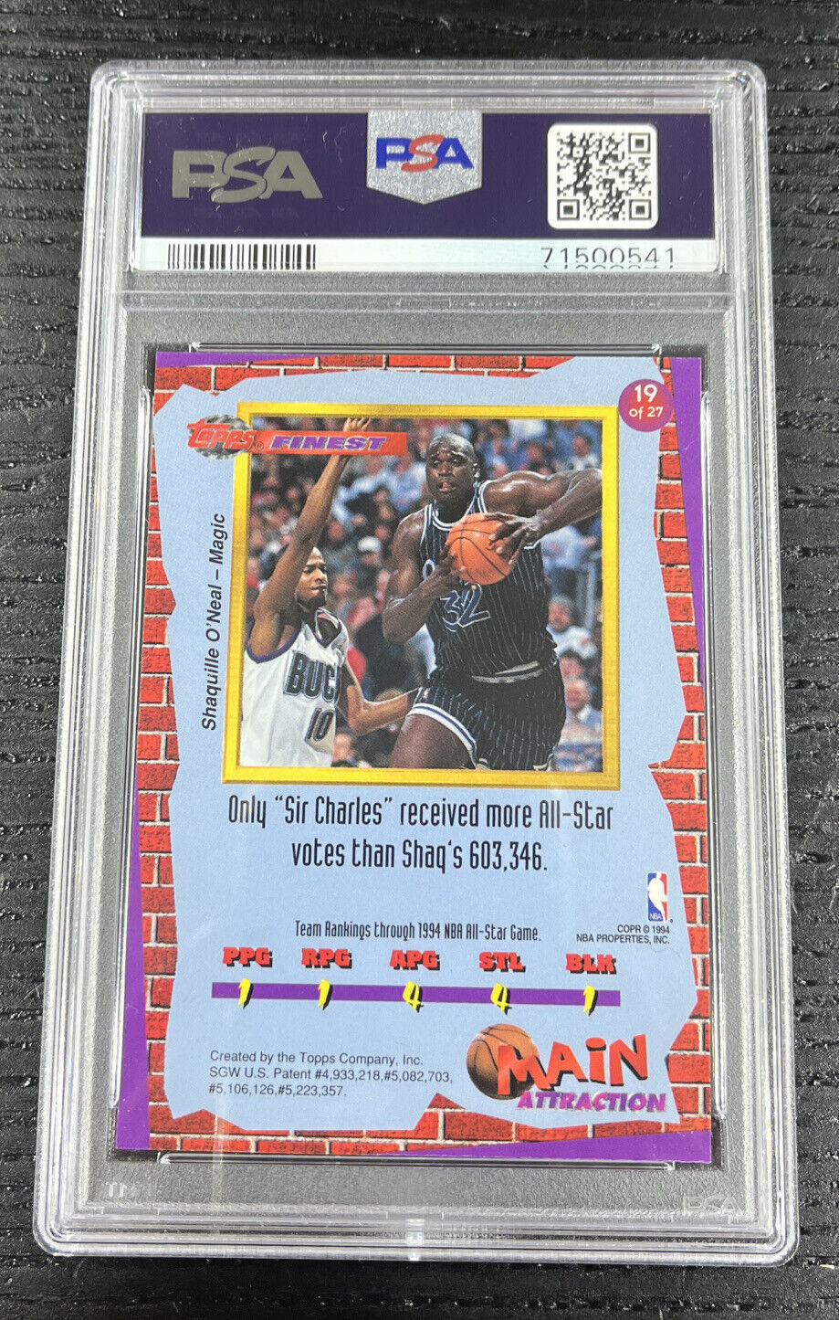 1993-94 Finest Main Attraction #19 Shaquille O'Neal Orlando Magic Lakers PSA 8