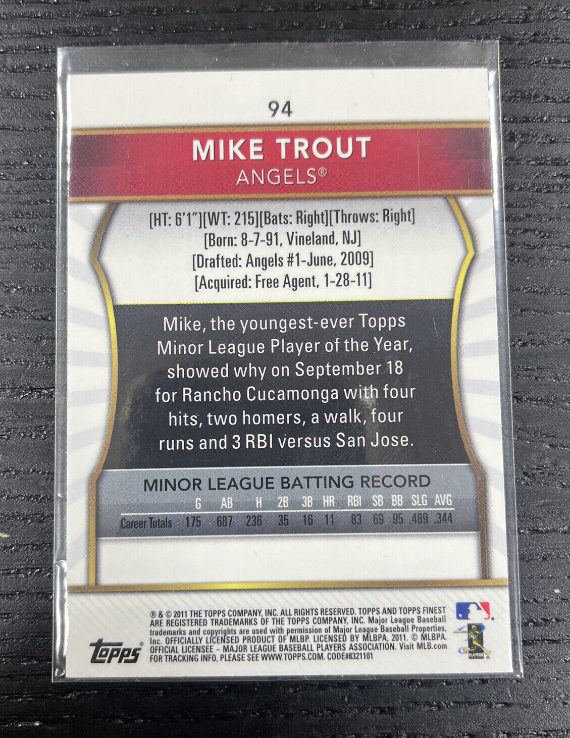 2011 Topps Finest Mike Trout Rookie Los Angeles Angels #94
