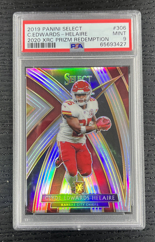 2019 PANINI SELECT Clyde Edwards Helaire  2020 XRC PRIZM Silver REDEMPTION PSA 9