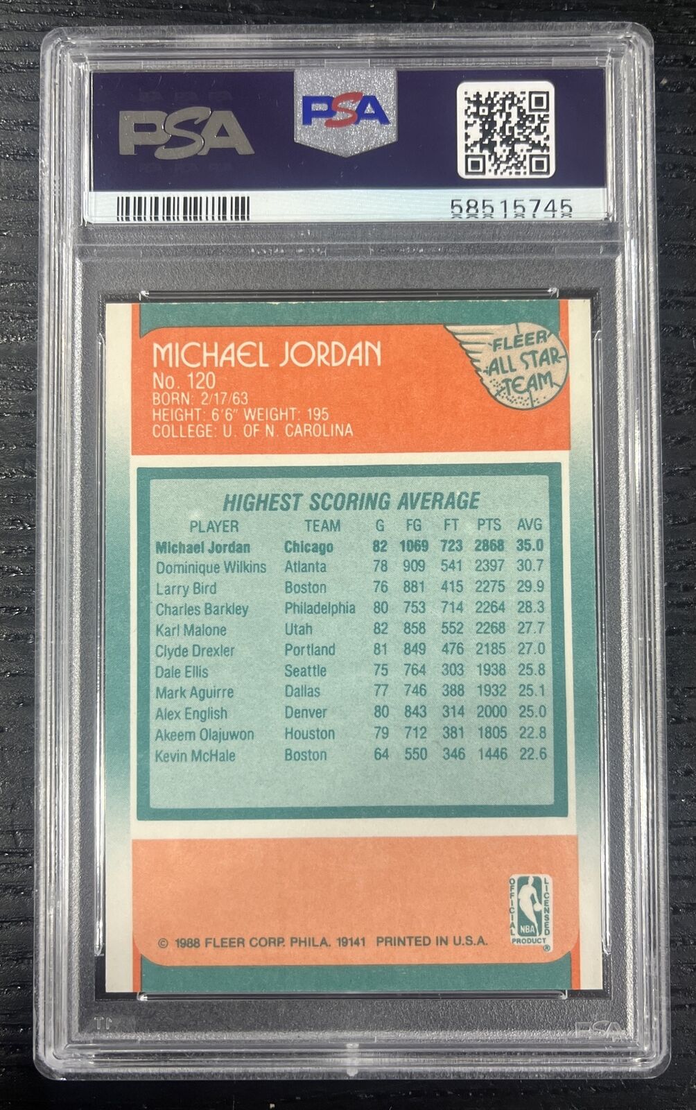 1988 Fleer Michael Jordan All-Star Basketball #120 Chicago Bulls PSA 9 MINT