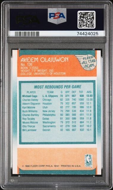 1988 Fleer #126 Akeem Olajuwon Houston Rockets All-Star Card Graded PSA 8 NM-MT