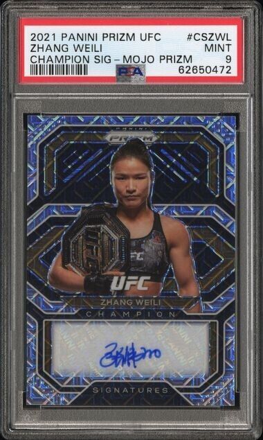 ZHANG WEILI 2021 PRIZM UFC STRAWWEIGHT CHAMPION SILVER MOJO AUTO /25 PSA 9