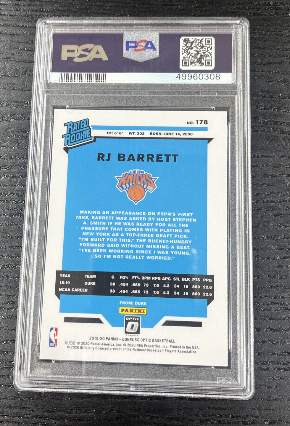2019-20 Donruss Optic RJ Barrett Rated Rookie RC #178 PSA 10 Knicks