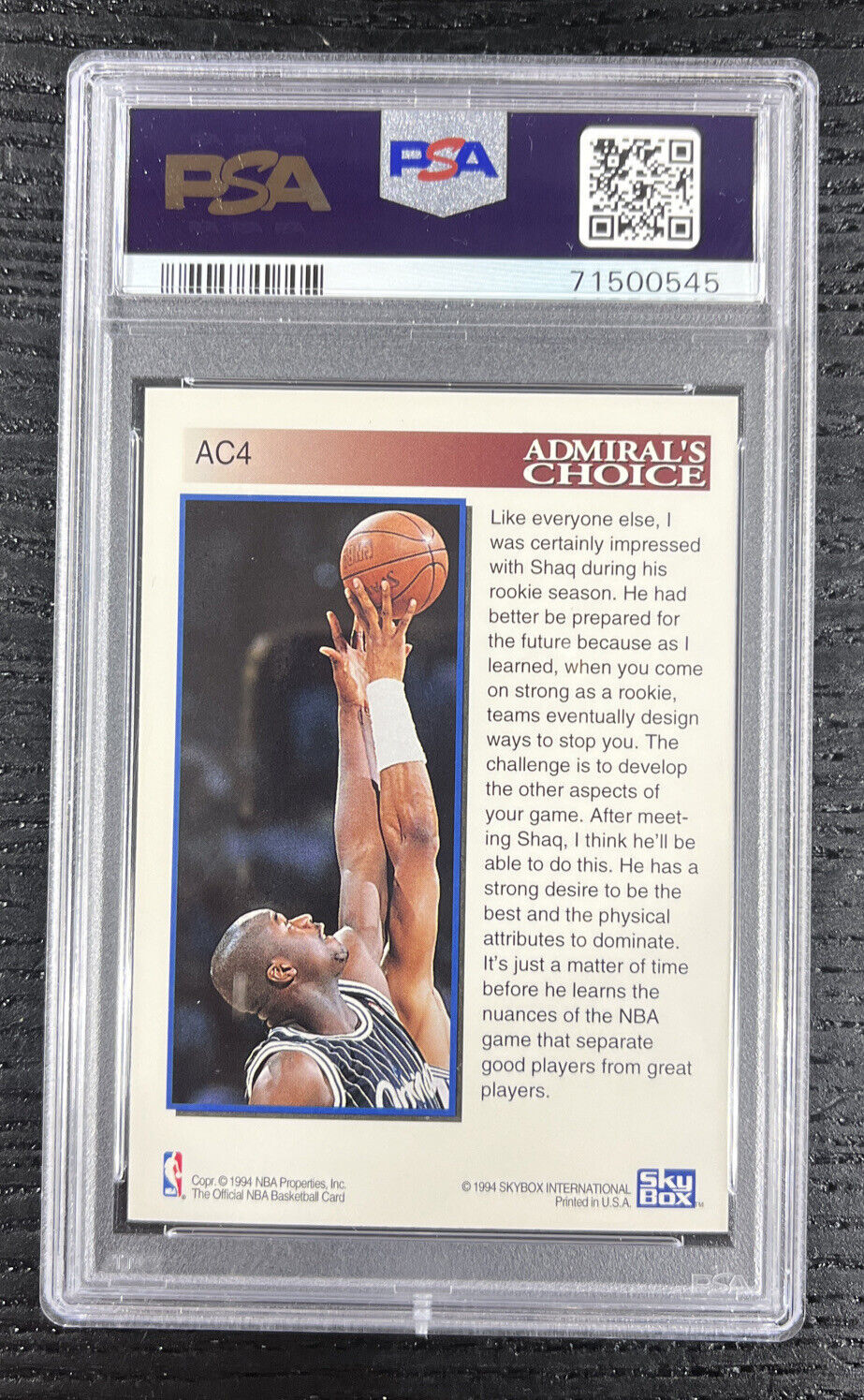 1993 Hoops Shaquille O'Neal Card #AC4 Admirals Choice NBA HOF  PSA 9
