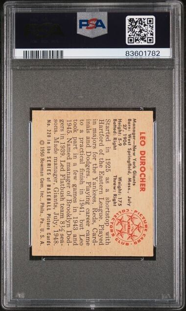 1950 Bowman # 220 Leo Durocher New York Giants Graded Card PSA 7