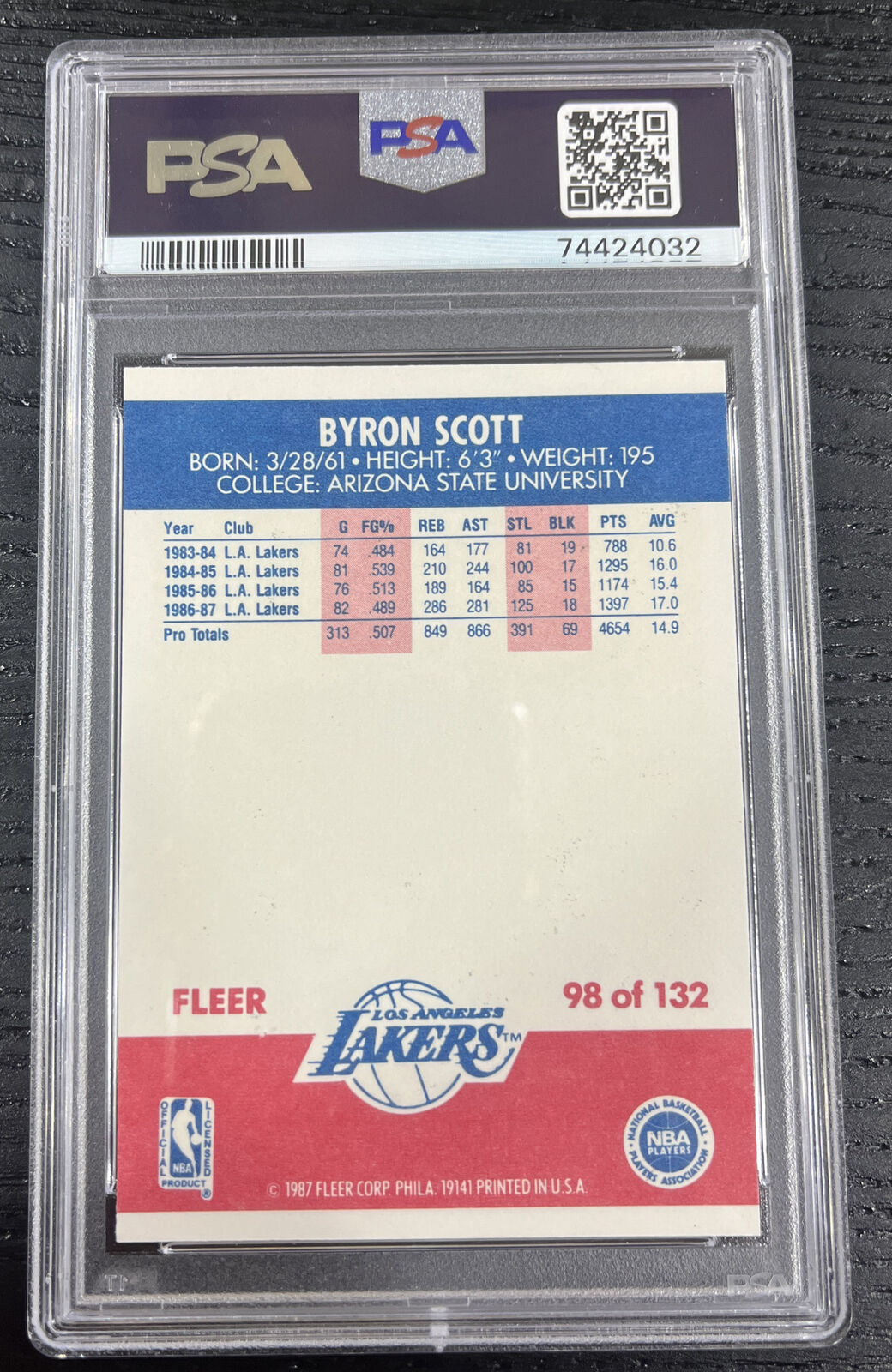 1987 Fleer Basketball #98 Byron Scott Los Angeles Lakers Mint PSA 9