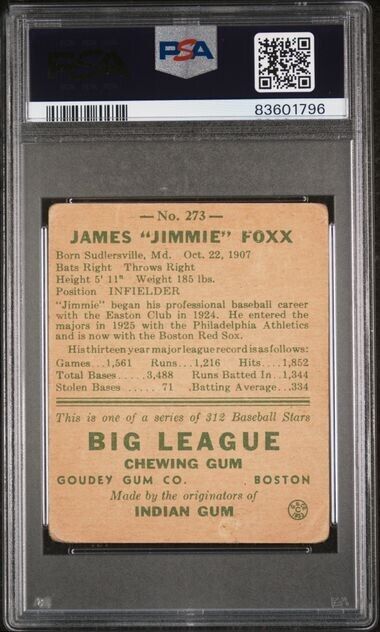 1938 Goudey Jimmy Fox Red Sox #273 PSA 1