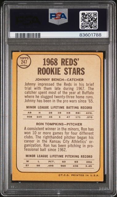 1968 Topps Baseball Card #247 Reds Rookies Johnny Bench Tompkins PSA 3 VG