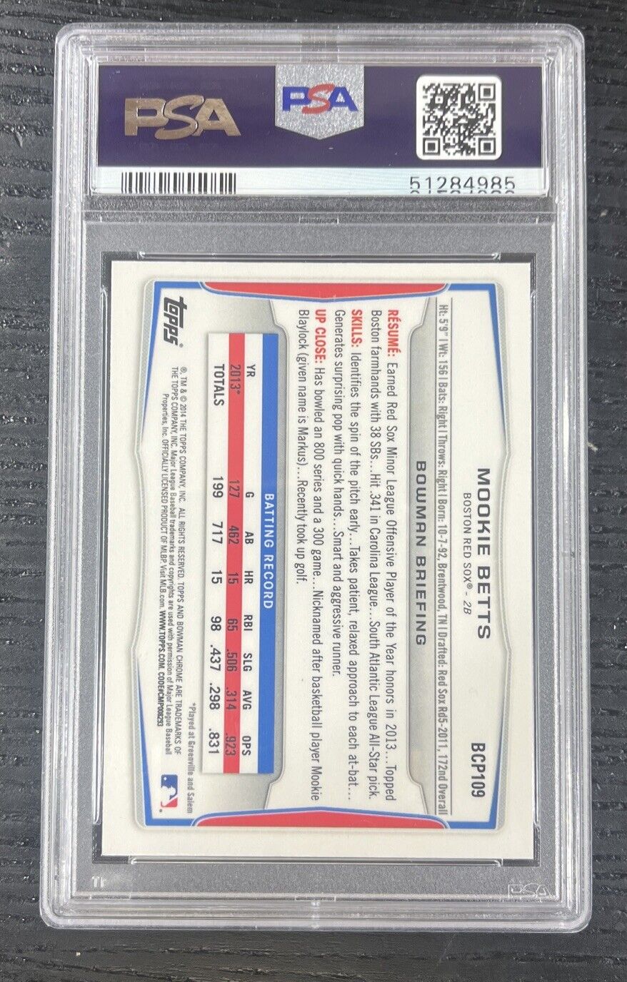 Mookie Betts 2014 RC Bowman Prospects Rookie Card #BCP109 Red Sox Dodgers PSA 9