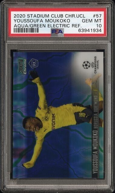 2020 Topps Stadium Club Youssoufa Moukoko AQUA GREEN RC REFRACTOR /150 PSA 10