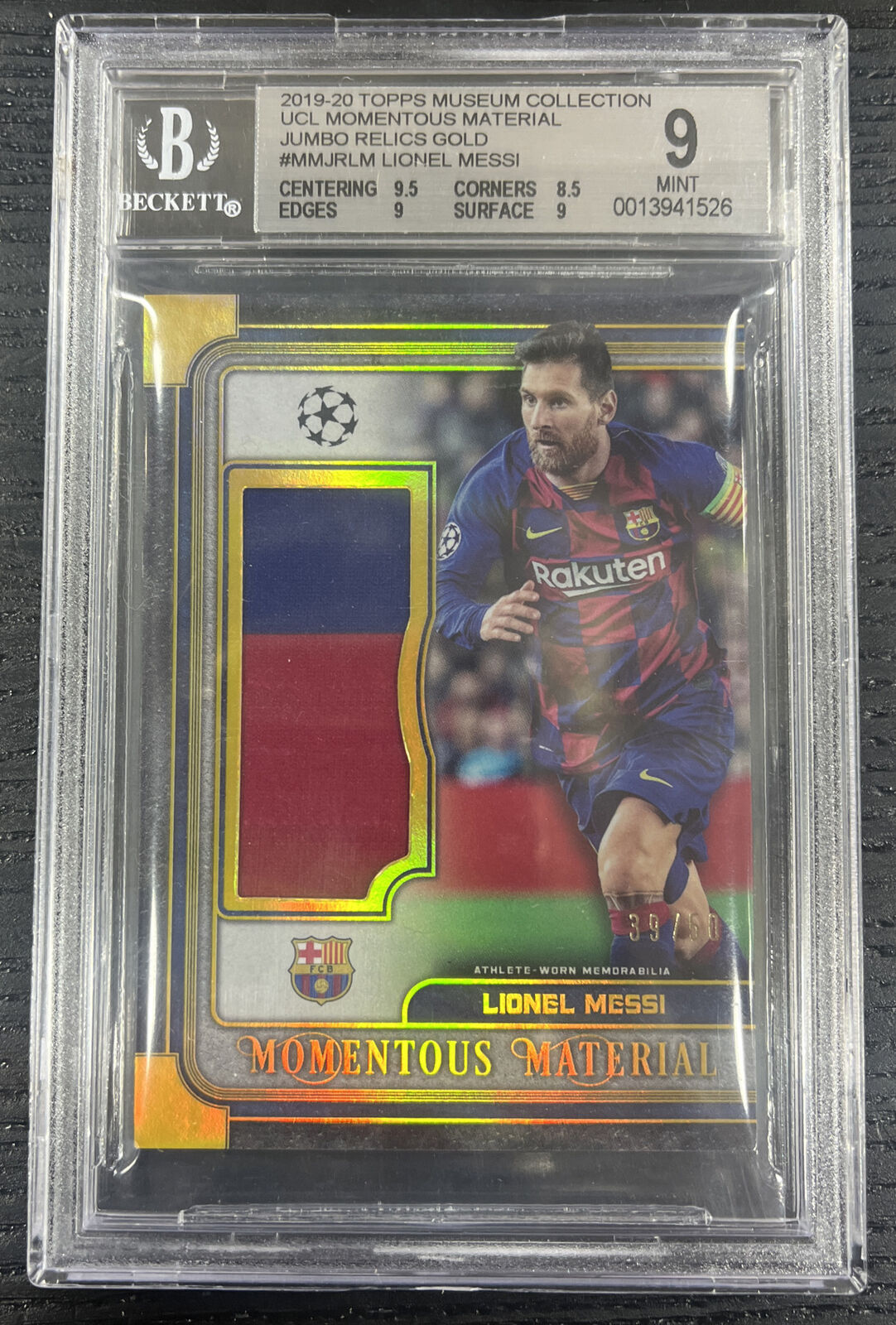 Lionel Messi 2019 Topps Museum Collection Barcelona Patch Relic Gold /50 BGS 9